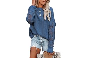 Maavoki Sweter damski, koronkowy sweter z dzianiny, luźny, okrągły dekolt, koronka, długi rękaw, szydełkowany, elegancki, jednokolorowy, patchworkowy, dziergany, z długim rękawem