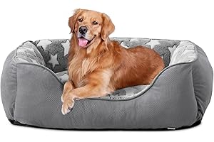 FURTIME Dog Bed, Medium Dog Basket, Washable Dog Basket, Non-Slip Dog Beds, Fluffy Dog Mattress with Raised Edges, Soft Dog Sofa for Dogs and Cats, L (76 x 61 x 23 cm), Grey/Stars