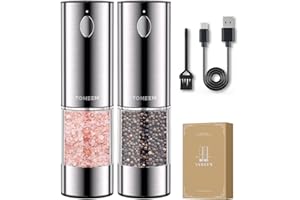 TOMEEM Salz und Pfeffermühlen elektrisch 2er Set aus Edelstahl (Wiederaufladbar, LED Beleuchtung, mit einstellbarem Keramikmahlwerk, Reinigungsbürste Bürste) Gewürzmühle elektrisch