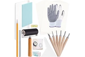 Keadic 24-teiliges Gummi-Block-Stempel-Stempel-Starter-Set, kommt mit Stempelblock, Tintenroller, 6 Schnitzwerkzeuge, Transparentpapier, Bleistift und Tintenmischtablett für Stempelschnitzerei und