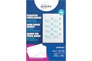 Avery – 240 inserts imprimables pour badges 75x40 mm – cartes blanches en papier 190 g/m² – format standard carte de visite – impression laser et jet d’encre – personnalisables L4726-20