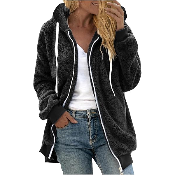 Veste Polaire Femme - Sweat à Capuche - Manteau Hiver Zippé - Blousons Fourrure - Dark Olive