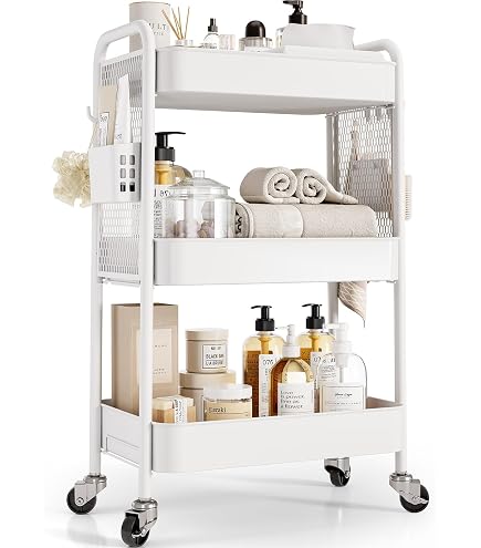Carrello Multiuso A 3 Livelli In Metallo Bianco Con Ruote, Carrello Portaoggetti Per Cucina, Ufficio, Bagno, 4 Ruote Di Cui 2 Bloccabili