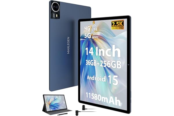 MAXLEGEN Tablet de 14" 2.5K Android 15 Tableta, 36GB RAM, 256GB ROM Ampliables hasta 1 TB, 4G LTE Doble SIM+5GWiFi, Octa-Core, 4 Altavoces, 11580mAh, 13MP Cámara, Incluye Funda/Auricular y Tab Pen