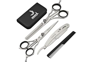 KIMEX LONDON Hairdressing Barber Hair Scissor set for Professional Hairdressers Barbers- Stainless Steel Hair Cutting Shears- Complete set of Scissor+ Thinning Scissor Razor+ Hair Combs+ Leather Cover