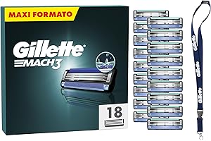 Gillette Lamette Gillette Mach 3, 18 Lamette da Barba di Ricambio per Rasoio Barba Manuale, da 3 Lame, Scorrimento Migliorato Grazie alla Striscia Lubrificante, Laccetto Collo Incluso