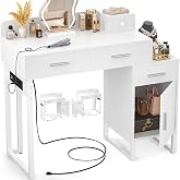 iSunirm Modern Makeup Vanity with 4 Drawers, White Dressing Table with Reversible Cabinet, Makeup Vanity for Bedroom, 90 x 40