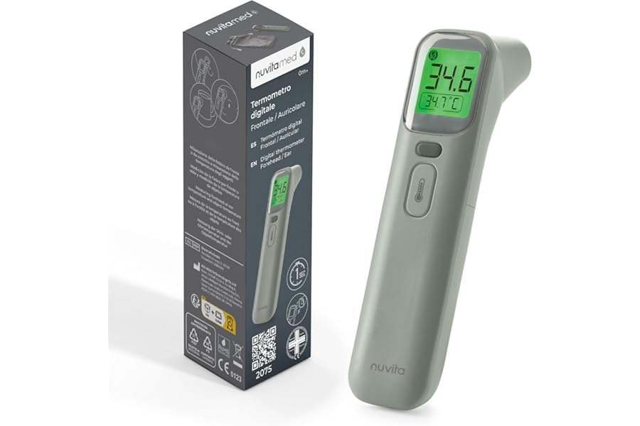 Nuvita 2075 Digital Front and Ear Thermometer - Fast Readings in 1 Second, 4 Modes, Advanced Memory and Accurate Alarms