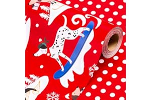 Wikadlik Red Gift Wrapping Paper - 43cm x 10m Lovely Dogs Polka Dots Reversible Wrap Paper Roll for Christmas Holiday Party