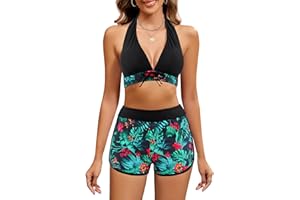 Tuopuda Traje de Baño para Mujer Push Up Conjunto de Bikini Estampado Floral Dos Piezas Conjunto Bañador Cuello en V Bikini Tops y Cintura Alta Pantalones Cortos