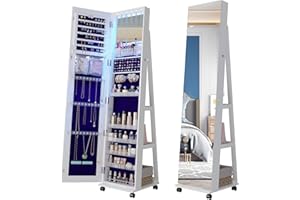 Lvifur Specchio Portagioie Girevole a 360° con LED e Chiusura,Armadio Specchio a Figura Intera Senza Cornice con Ripiani Posteriori,Serratura e Ruote Mobili per Donna da Camera Bianca