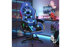 ALFORDSON Ergonomiczne krzesło do gier z oświetleniem RGB z 12 kolorowymi diodami LED, fotel z podparciem lędźwiowym i podnóżkiem, sztuczna skóra, niebieski