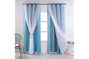 OKYUK Kinder-Verdunkelungsvorhänge mit bunten Sternen - Maschinenwaschbare Vorhänge für das Mädchenzimmer, die Geräuschreduzierung bieten und dekorativ sind (Grau-Blau-Grün, 52" L x 102" W)