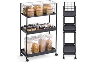 APEXCHASER Slim Storage Cart,3-Tier Metal Utility Rolling Cart with Wheels,Slide Out Storage Cart,Small Rolling Trolley Kitchen Cart,Black Cart for Bathroom Laundry Room Office Narrow Place