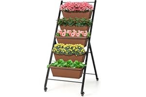 COSTWAY 5-Tier Raised Garden Bed, Vertical Planter Box with 5 Removable Trays, Drainage Holes and Wheels, Elevated Flower Herb Growing Box for Indoor Outdoor (Brown, 57 x 74 x 127cm)