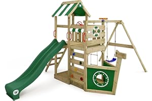 WICKEY Aire de Jeux SeaFlyer portique en Bois avec balançoire et Toboggan Vert, Tour d'escalade pour Enfants avec bac à Sable, échelle et Accessoires de Jeu pour Le Jardin.