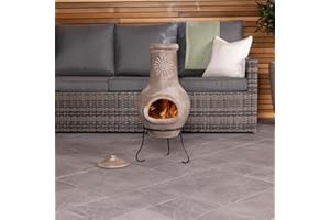 CHARLES BENTLEY Outdoor, Garden, Patio, Medium, Open Bowl, Natural Clay Chimenea, Patio Heater, Easy To Assemble, Rustic Finish, Sun Design, Burns Wood, Clay And Steel Stand, Weatherproof (80x35cm)