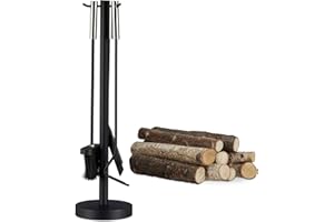 Relaxdays Kaminbesteck modern, 4-tlg Kamingarnitur, mit Schaufel, Besen, Schürhaken und Halter, Kaminset, schwarz, 57 x 15 x 15 cm