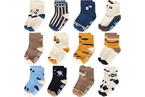 Yafane 12 Pares de Calcetines Antideslizantes para Niños Niñas Recien Nacido Unisex Pequeños Algodón Lindo con Puños Calcetines Antideslizantes para Bebés