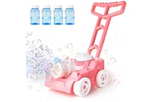 Fegalop Automatic Bubble Machine for Toddlers, Bubble Lawn Mower for Kids with 4 x Bottles of Solution for Girls Boys Adults Summer Indoor Outdoor Toys (Pink-White)