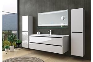 HOMELINE Badmöbel Set Weiß Dennis Hochglanz 60/90/120 cm Spiegel incl. LED (120, 6, 2X Seitenschrank)