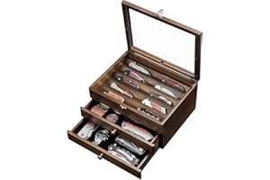 Emfogoo Knife Display Case, 3 Layer Wooden Pocket Knife Collection Case Holder with Glass Lid and Drawers, for Collections Gift-Giving (Walnut)