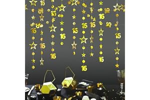 SIYINZU 3m Long 16th Birthday Decorations,16th Birthday Banner,Gold-Colored Bir-thday Party Decorations,16-th Gold Circle Dots Star Garland Birth-day Party Decorations,Happy 16-th Birth-day Banner