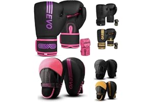 EVO Fitness Matte Black Boxing Gloves and Pads Set Punching Focus Mitts Hook and Jab Hand Target Strike Shield Training Sparring MMA Martial Arts Muay Thai Kickboxing Karate Men Women