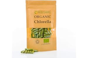 VEGISHAKE Organic Chlorella HPMC Capsules Algae Omega 3 & 6 Heavy Metal Detox Cracked Cell Wall Vegan Kosher Halal (60 Capsules)