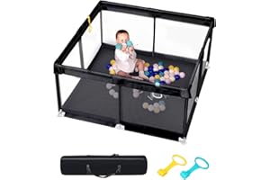 derimkcoa Parc Bebe Parc Avec Tapis,Intérieur et Extérieur Parc Enfant, Parc Bébé,Parc De Jeux Bébé avec Filet Respirant Sur Quatre Côtés et Ventouses(130x130x66cm,Noir)