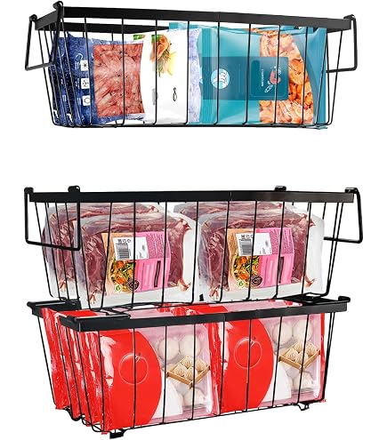 Lot De 2 Paniers Rangement Fil Métallique Pour Frigo Et Congélo - 42,5x24,5x20 Cm | Organisateur Suspendu Avec Poignées