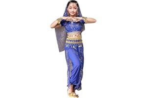 FEOYA Costume Danse Orientale Enfant Tenue Danse Indienne Bollywood Fille Enfant 5 pcs Top+Sarouel+Ornement de Tête+Foulard+Ceinture 3-11 Ans
