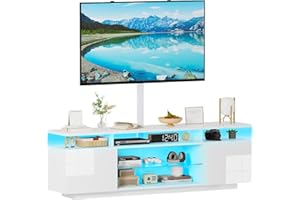 LSBIKE High Gloss TV Stand Cabinet with Bracket, 160cm TV Cabinet with RGB LED lights and Glass Shelf, Height Adjustable Modern Entertainment Center up to 70 inch Tv, 2 Storage Doors, White (160cm White)