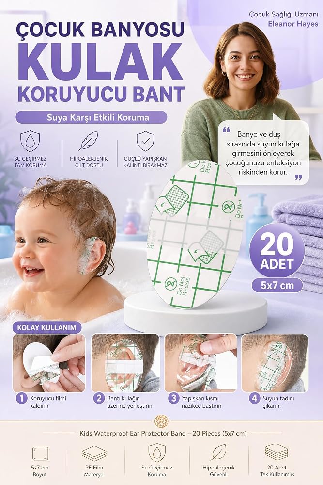 Transformacion 20 Adet Bebek Çocuk Banyo Kulak Koruyucu Bant Su Geçirmez Duş Havuz Koruma Bandı 5x7 cm 718095