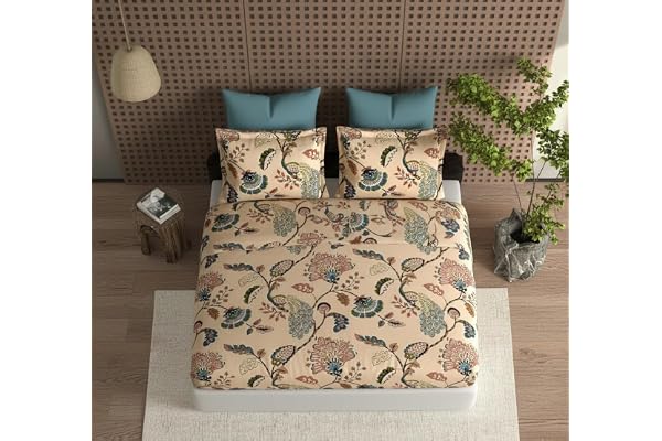 DECOMIZER 300 TC Cotton Feel Glace Cotton Elastic Fitted Printed King Size Double Bed Bedsheet with 2 Pillow Coverm Fits Upto 8 inches Mattress,Size- 72x78x10 Inches,Beige Anokhi
