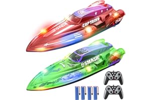 DEERC Bateau Télécommandé 2 Pièces, RC Racing Bateau Telecommandé Enfant avec Lumières LED, 4 Batteries, 2,4 GHz, Alarme de Batterie Faible, Enfants Adultes pour Piscines et Lacs