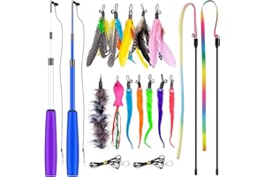 GOHHME 18 PCS Giochi con Piume per Gatto, Giocattolo da Pesca, Giochi per Gatti con 2 Aste Scalabili e 14 Pezzi di Piuma/Prua/Pesce di Ricambio con Campane e 2 Bacchette Magiche Giocattolo Arcobaleno