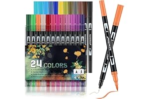 NEWATTY Pennarelli Vernice Acrilica, 24 Pennarelli Doppia Punta Fine Brush Penne Colorate Marcatori Artisticiper Graffiti Pennarelli Base d'Acqua per Ceramica Stoffa Tessuti Plastica Vetro Metallo Roccia