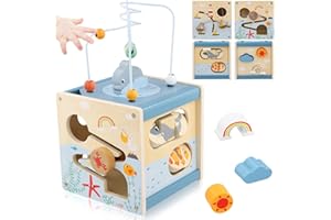 Focenat Cubo Actividades Bebe, Cubo de Habilidades de Madera, Juguetes Montessori con Laberinto de Cuentas, Juegos Sensoriales Educativos, Juguete de Regalo para Niños y Niñas de 1 2 3 Años