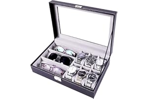 MAESTRORELOJERO MR Maestro Relojero - Vitrina para Guardar 6 Relojes y 3 Gafas | Piel sintética e Interior Aterciopelado Gris| Ideal para Organización de Gafas, Joyas y Relojes, Muy Practico, Estupendo para Regalo