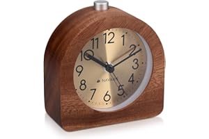 Navaris Sveglia analogica da Comodino in Legno - Orologio semicerchio Retro da Tavolo con Snooze - silenziosa quadrante Oro Legno Scuro Naturale