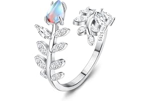 KRFY Anillos de Plata de ley 925 para Mujeres Cubic Zirconia Anillos Abiertos Ajustable CZ Piedra de Luna Ópalo Hoja Estrella Anillo para Madre Novia Niñas Joyería