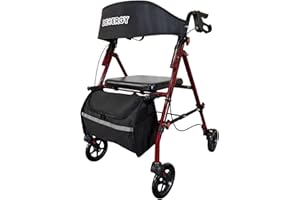 DEMERGY® Andador para Ancianos Plegable Ligero Asiento Extragrueso Respaldo, 4 Ruedas Todo Terreno, Frenos Manuales Altura Ajustable, Incluye Mochila, Ideal para Mayores Personas Movilidad Reducida