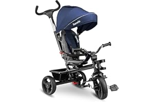 LIONELO Haari Triciclo Evolutivo para Niños, Bicicleta Bebe 4 en 1, Menores hasta 25 kg, 1,5-5 años, Carrito Cesta espaciosa, Bolsa y portavasos, Cinturones de 3 Puntos, Toldo Jeans