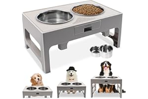 AISHNA Elevated Dog Bowls, Stainless Steel Raised Dog Bowl with Adjustable Stand, Double Dog Food and Water Bowl for Medium Large Dogs or Cat, 3 Heights 3.9”, 7.8”, 11.8”(Grey)