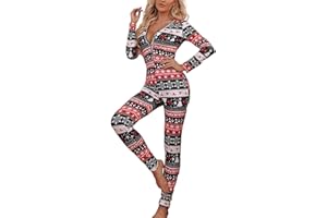 Springcmy Women Christmas One Piece Deep V-Neck Jumpsuit Button Bodycon Romper Sexy XMAS Pajamas Sleepwear Longewear Clubwear