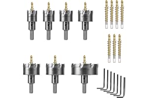 DKIBBITH 7 Pcs Hole Saw Kit,Tungsten Carbide Tipped Hole Saw Set Heavy Duty for Stainless Steel Hard Metal Wood Plastic,with Extra Pilot Drill Bits