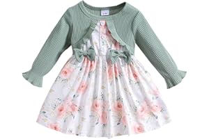 puseky Baby Girl Dress and Cardigan Set False 2 Piece Baby Girl Floral Print Long Sleeve Bow Spring Dresses Baby Girls Gift