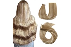 ‎HOTLULANA HotLulana Tape Extensions Echthaar Hellbraun Mix Dunkelblond Invisible Tape Extensions Echthaar Balayage Extensions Echthaar Gerade Skin Weft Hair Extensions 40stück 100g 22zoll/55cm For women.