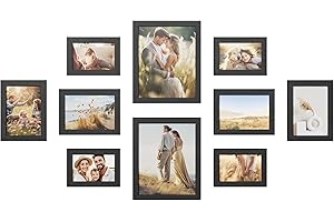 SONGMICS Set of 10 Picture Frames, Two 20 x 25 cm (8 x 10 Inches), Four 13 x 18 cm (5 x 7 Inches), Four 10 x 15 cm (4 x 6 Inches), Plastic Front, MDF, Ink Black RPF310H